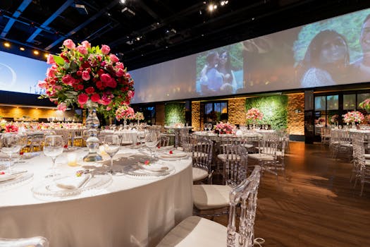 Stunning wedding reception setup with elegant floral centerpieces and ambient lighting.